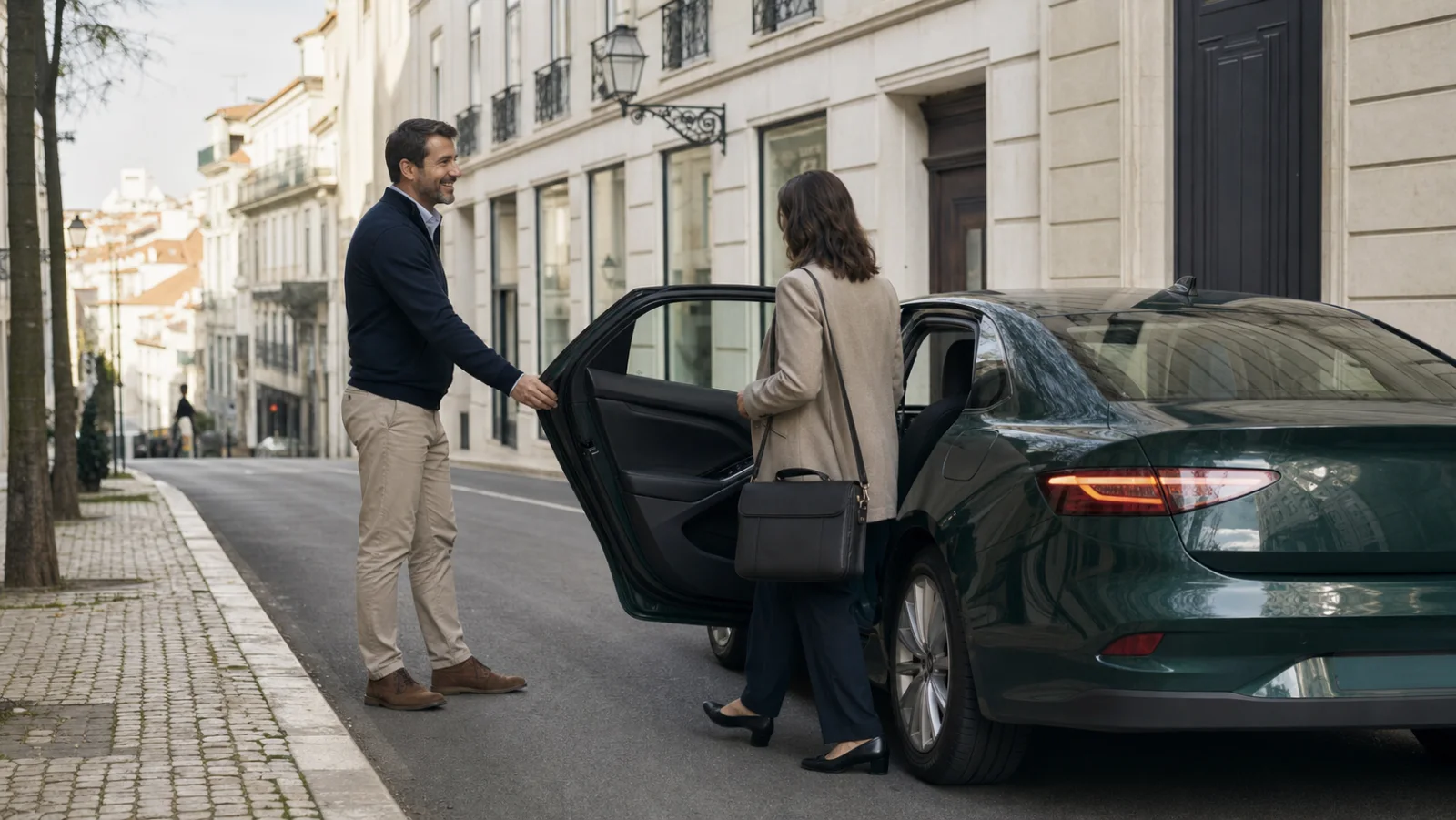 Motorista TVDE a receber uma passageira junto a um automóvel em Lisboa